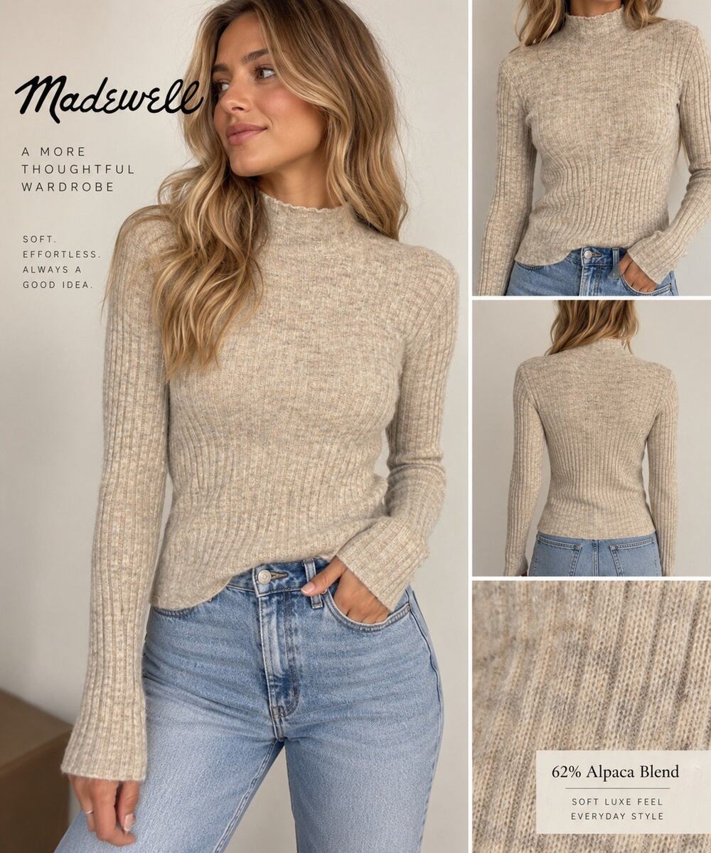 Madewell 62% Alpaca Ribbed Mock Neck Sweater Beige Oatmeal Size L